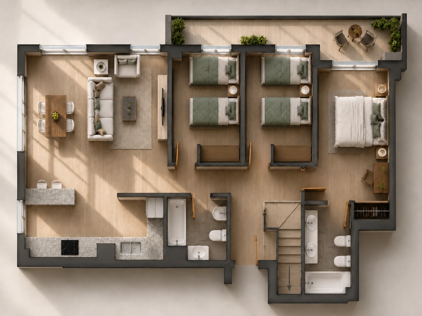Render realista en vista superior de la planta principal del Ático Poniente 5.02