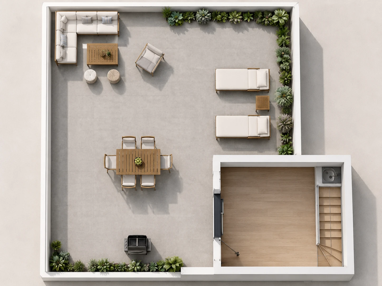 Render realista en vista superior del solárium privado y castillete del Ático Poniente 5.02