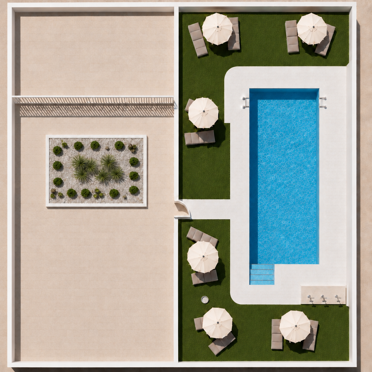 Plano superior de la piscina comunitaria y las zonas comunes