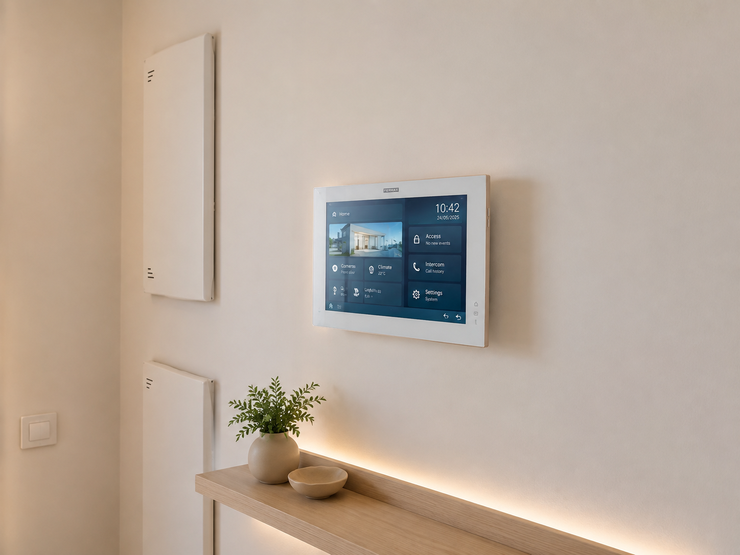 Panel domótico en pared del recibidor, imagen generada por IA